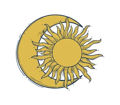 Crescent moon and sun with rays, mystical astrology tattoo, hand drawn zodiac Illustrazione stock