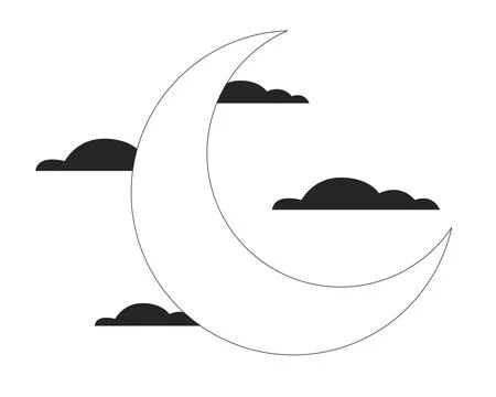 Crescent moon between black clouds flat line black white vector object. Stock Illustration