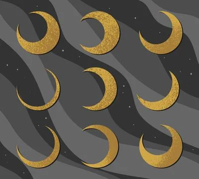 Crescent moon celestial emblems in different shapes. Crescents on night sky Stock Illustration