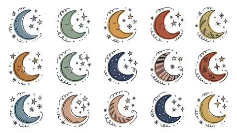 Crescent moon characters collection with celestial stars and decorative cel.. Stock Illustration