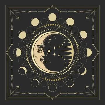 Crescent Moon in a Circle of Lunar Phases Astrological Emblem Stock Illustration