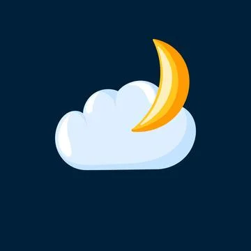 Crescent moon with cloud in cartoon style. Design for weather icon, mobile app Stock Illustration