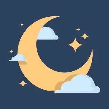 Crescent moon with clouds and sparkling stars on a dark blue night sky Stock Illustration