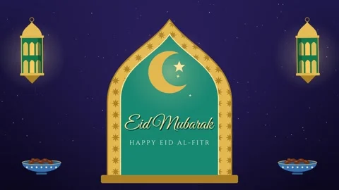 Crescent moon drawing inside a Moroccan arch with handwritten Eid Mubarak text 库存影片 348339535