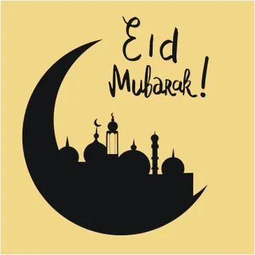 Crescent moon with Eid Mubarak lettering. Stock Illustration