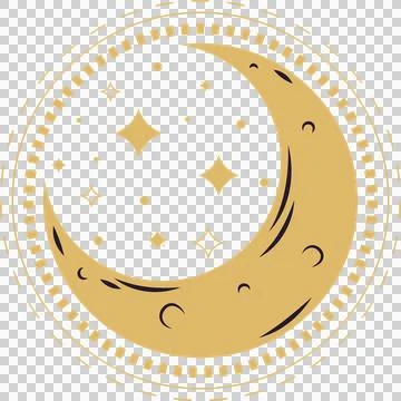 Crescent moon emblem is glowing in flat design with stars, dashed border on Stock Illustration