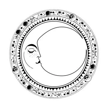 Crescent moon with face, celestial line tattoo, black and white logo, vintage Stock Illustration