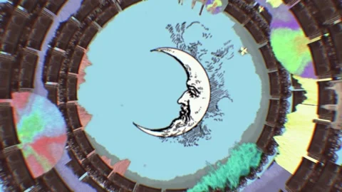 Crescent moon face inside a spinning circular frame Stock Footage 346778278