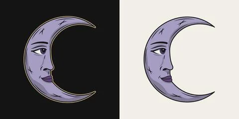 Crescent moon with face in profile. Stock Illustration