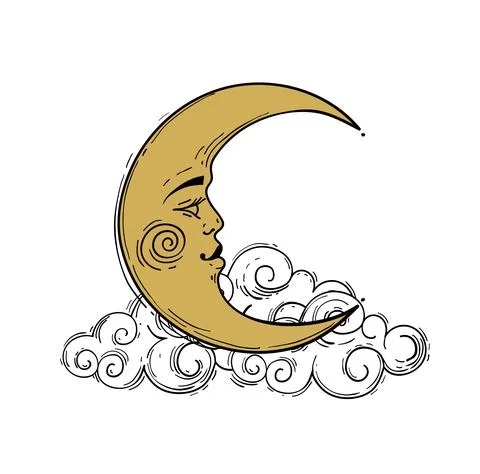 Crescent moon with face, stylized drawing, gold engraving. Vintage mystical b Stock Illustration