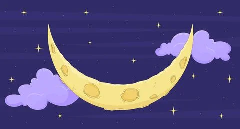 Crescent moon floating in starry night sky with clouds illustration backgroun Stock Illustration