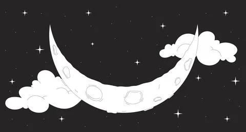 Crescent moon floating in starry night sky with clouds illustration backdrop Stock Illustration