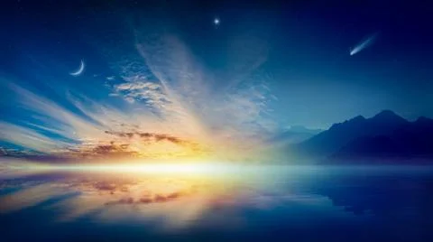 Crescent moon, glowing clouds, bright star and comet above serene sea Fotos Stock