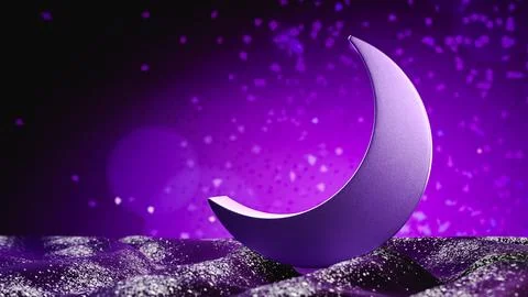 Crescent moon glowing over sparkling purple surface. 3d render Ilustração Stock