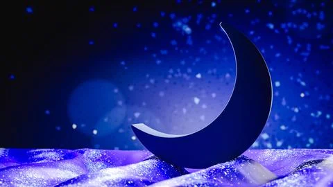 Crescent moon glowing over sparkling purple surface. 3d render Stock Illustration