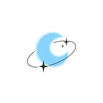 Crescent moon gradient blurred element with line art ring and sparkles, vector Ilustración de archivo