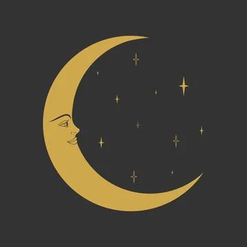 Crescent moon with human face. Crescent celestial emblem Stock Illustration