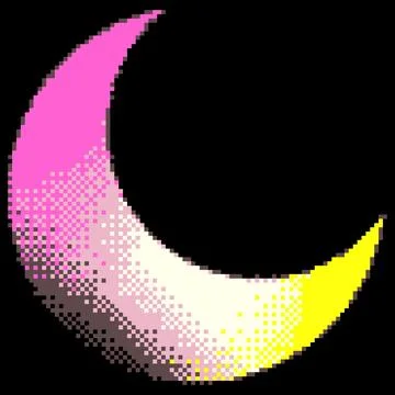 Crescent moon icon, pink, white, and yellow, glow effect, 8-bit pixel art. 库存插图