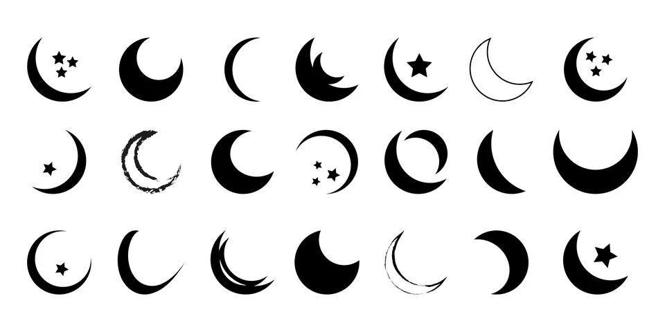 Crescent moon icon set. Crescent design with stars. Boho moon illustration. Stock Illustration