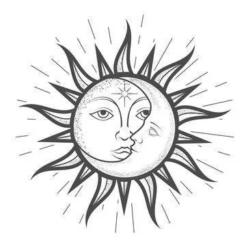 Crescent moon inside sun with a face, magical astrology and celestial alchemy Stock Illustration