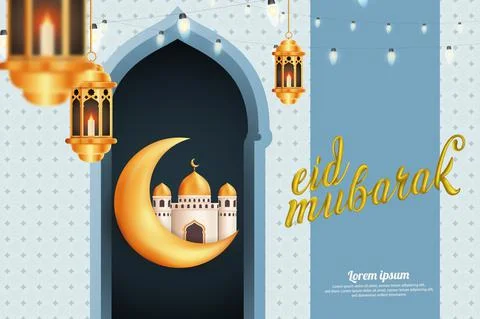 Crescent Moon with Mosque and Lantern, Eid Mubarak Greetings Stock Illustration