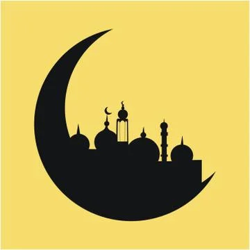 Crescent moon with mosque on yellow background. Stock Illustration