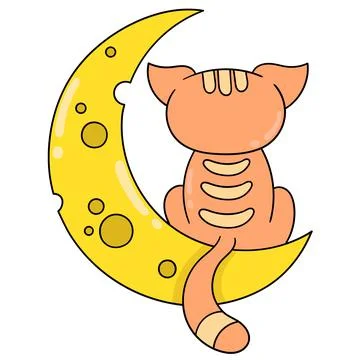 Crescent moon night with cat brooding, doodle icon image kawaii Stock-Illustration