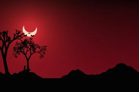 Crescent moon over desolate graveyard with dark trees for chilling midnight.. Ilustração Stock