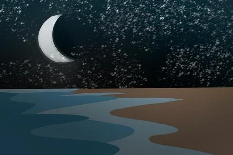 Crescent Moon Over Quiet Night Beach Illustration Stock Illustration