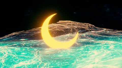 Crescent moon over the sea. 3d animation of the moon moving on the sea waves 库存影片 333337907