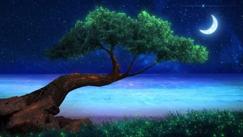 Crescent Moon over sea through parallax forest Stock Footage 306119805