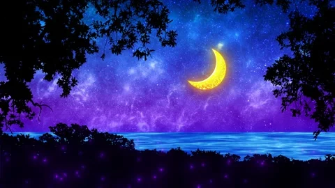 Crescent Moon over sea through parallax forest Stock Footage 306126899