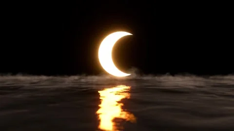 The crescent moon on the sea is reflected in the clouds and mist Видео 336948209