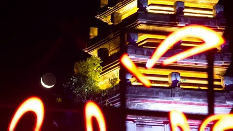 Crescent Moon Setting Over Bali Gate of Government Center of Badung Regency Stock Footage 196876898