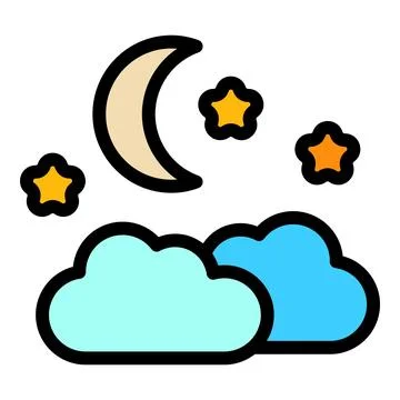 Crescent moon shining over blue and green clouds with stars on white backgrou Ilustração Stock