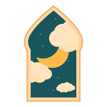 Crescent moon shining over clouds in arabian window at night Ilustração Stock