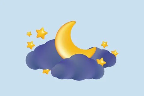 Crescent moon shining over clouds and stars in a clear sky Ilustração Stock