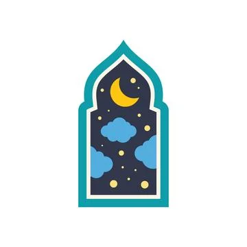 Crescent moon shining over clouds in arabic style window at night Ilustração Stock
