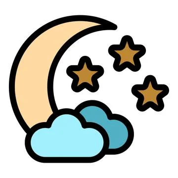 Crescent moon shining over clouds with stars, night sky icon Stock Illustration