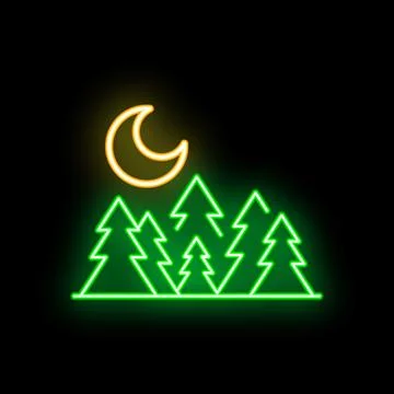 Crescent moon shining over coniferous forest neon sign Ilustração Stock