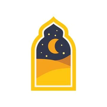 Crescent moon shining over desert landscape in arabic style window Ilustração Stock