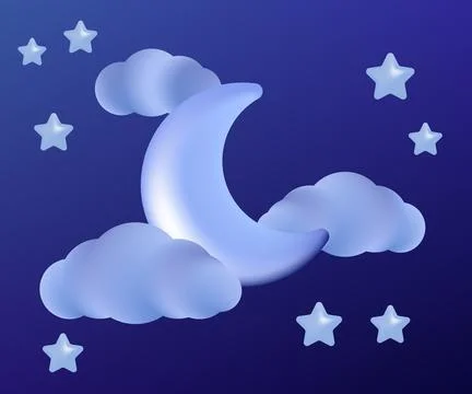 Crescent moon shining over fluffy clouds and bright stars in a dreamy night s Ilustração Stock