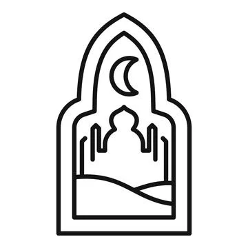 Crescent moon shining over mosque in desert landscape through arch window Ilustración de archivo