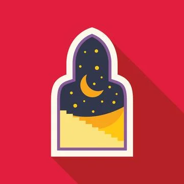 Crescent moon shining over stairs in arabian window at night Ilustração Stock