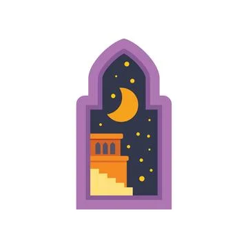Crescent moon shining over traditional arabic architecture through ornate w.. Ilustração Stock