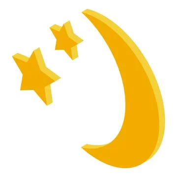 Crescent moon with two stars shining brightly in isometric view Stock Illustration