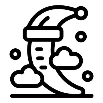 Crescent moon wearing sleeping cap with clouds and snowflakes, night time sce Ilustração Stock