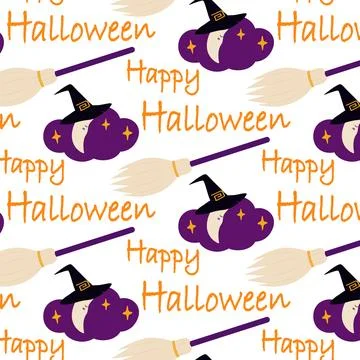 Crescent moon in Witch Hat on cloud Flying Broom and Happy Halloween Text Stock Illustration