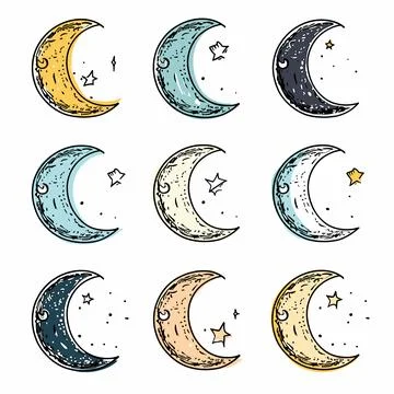 Crescent moons decorated star patterns textures. Illustration celestial bodies Stock Illustration