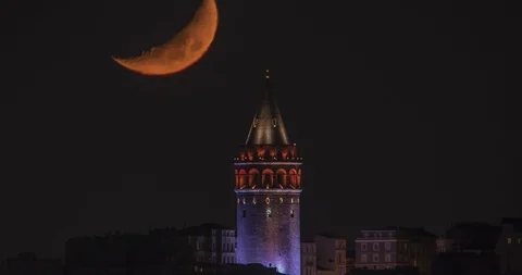 Crescent setling over Galata Stock Footage 102375236